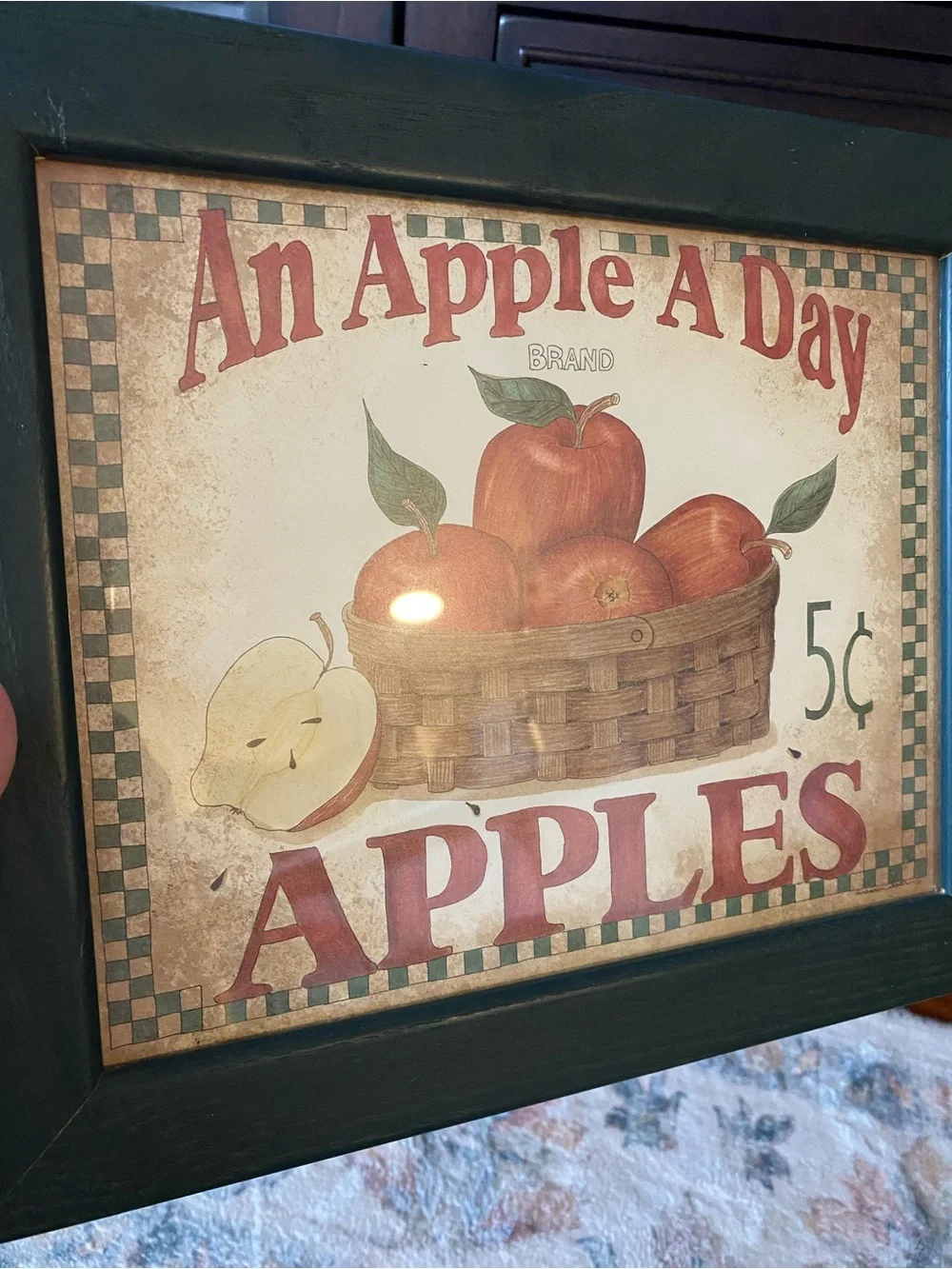 Vintage An Apple A Day Apples Farm Style Wall Art - Green Frame 12”x 11”
